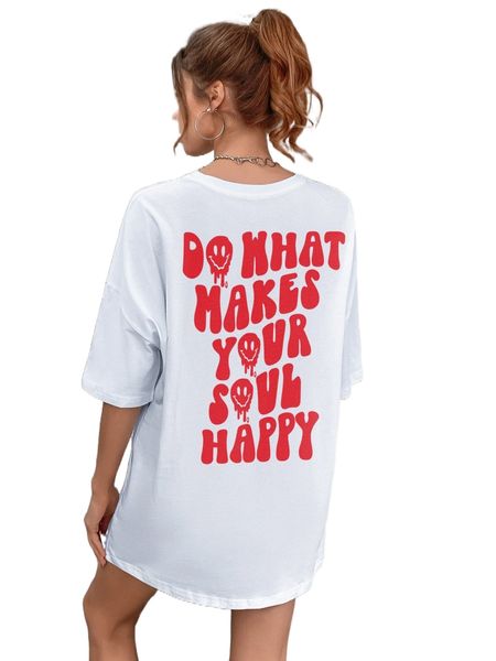 

cartoon and slogan graphic drop shoulder tee o062#, White