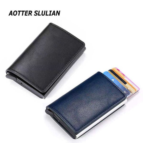 

men smart wallet rfid safe anti-theft holder women small purse bank id cardholder metal thin case black pu leather card clip bag, Red;black