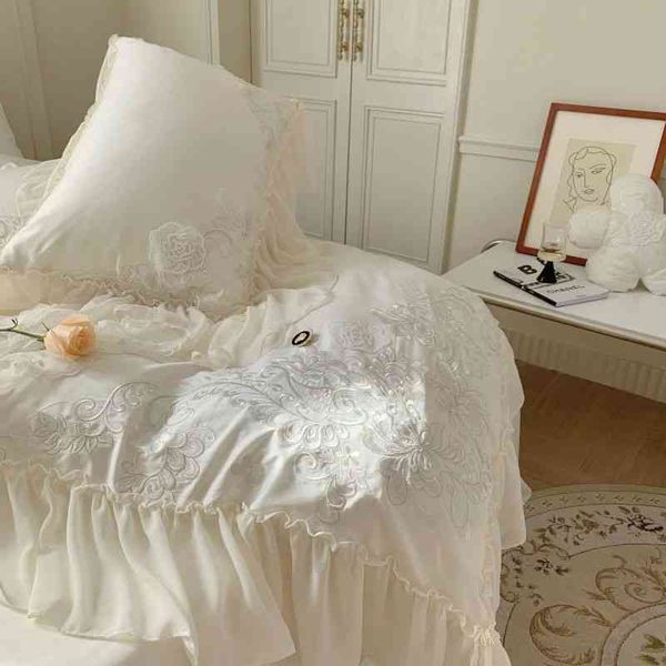Meninas francesas de 140 fios contagem de algodão de quatro peças bordado pérola bordado chiffon bordate capa de capa de cama de cama de cama