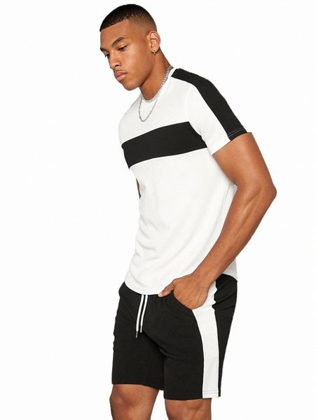 

men colorblock tee & track shorts set n4tj#, Gray