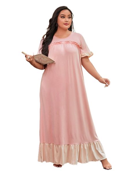 

plus flounce sleeve ruffle hem night dress f3e1#, Black;white