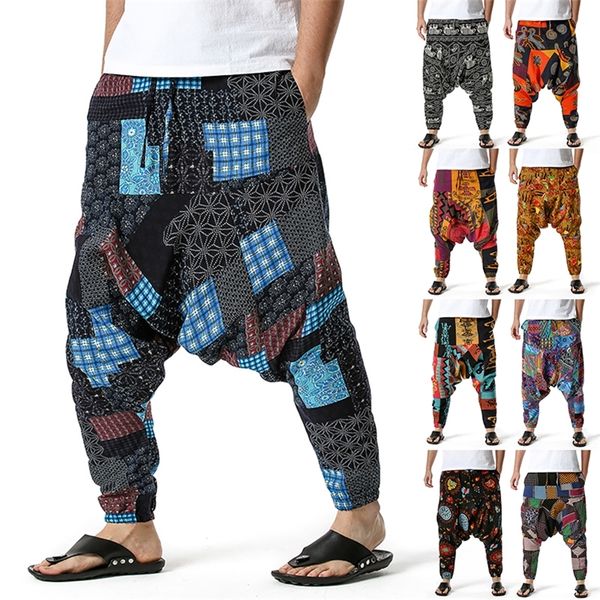 Harem Pants Mens Hippy Hippe Calças Algodão Boêmio Vintage Yoga Étnico Impressão Patchwork Harem Calças Om Patch Calças 220726