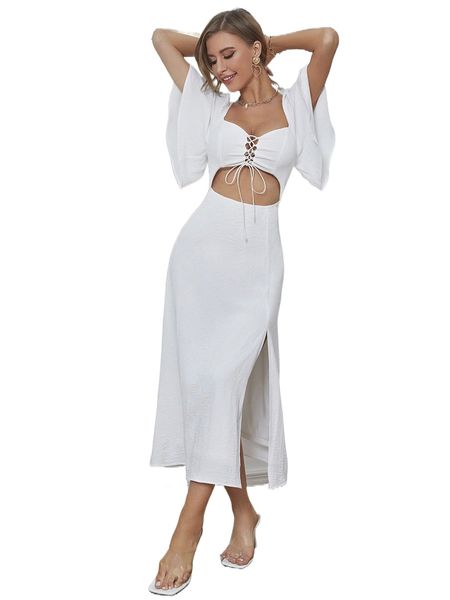 

cut out lace up front flutter sleeve slit thigh dress d8xt#, Black;gray