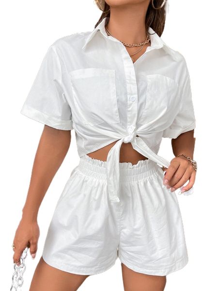 

dual pockets button through blouse & paper bag waist shorts h9oq#, White