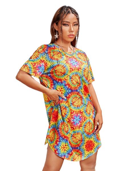 

x drypdesigns spiral tie dye drop shoulder dress d95q#, Black;gray