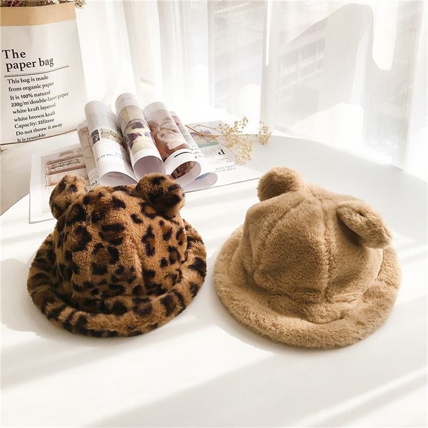 LEOPARD FAUX FUL BUBELE BEBÊ HAT SOLID COR PLUSH PESTERMAN CAPA COM CRIDADE COM EAR EAR WINTRO PANAMA AQUECIMENTO PARA BEBÊ