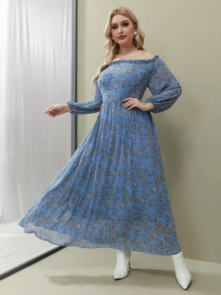 

plus random paisley print off shoulder frill trim dress m4rd#, Black