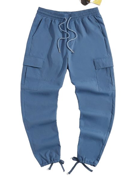 

men flap pocket side drawstring waist cargo pants i932#, Black