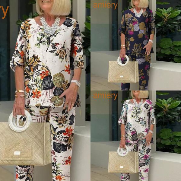 

2022 fall clothes linen sets women casual print flower pattern elastic waist two piece pants set ladies 3xl 4xl, White