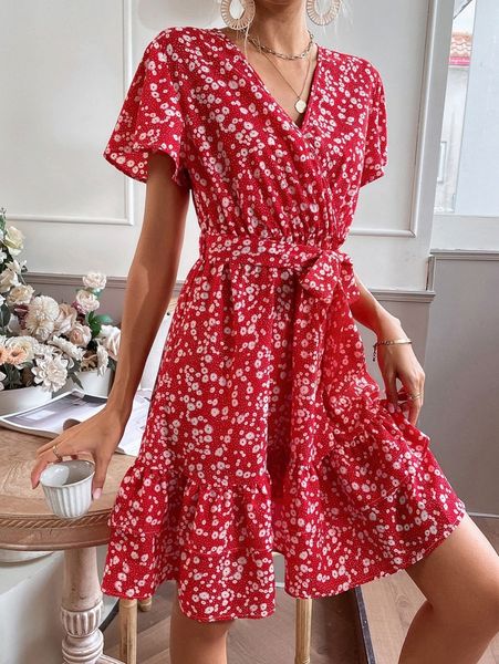 

ditsy floral flutter sleeve ruffle hem belted dress t0v9#, Black;gray