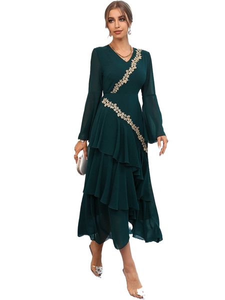 

guipure lace applique trumpet sleeve layered hem dress s2t4#, Black;gray