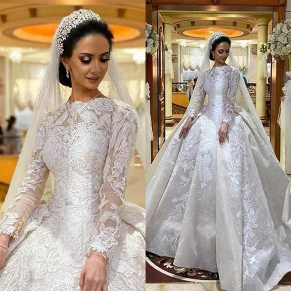 

2022 ballgown wedding dresses bridal gown long sleeves lace applique satin jewel neck floor length custom made plus size vestido de novia, White