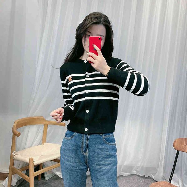 

women's sweaters ce home triumphal arch leather brand black and white stripe round neck knitted cardigan women's simple leisure te, White;black