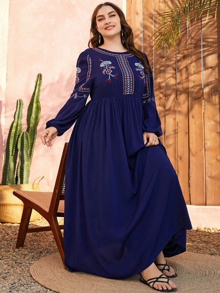 

plus floral embroidery lantern sleeve maxi dress j9lo#, Black