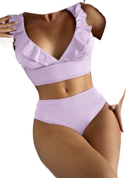 

ruffle trim rib bikini swimsuit 00qy#, White;black