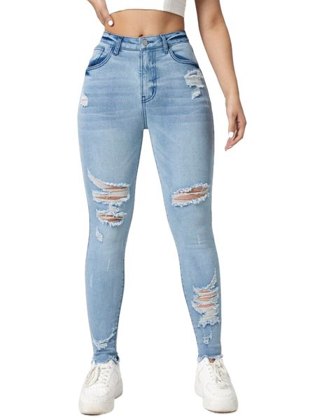 

washed ripped raw hem skinny jeans f084#, Blue