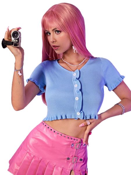 

ribbed knit frill trim crop cardigan q4hz#, White;black