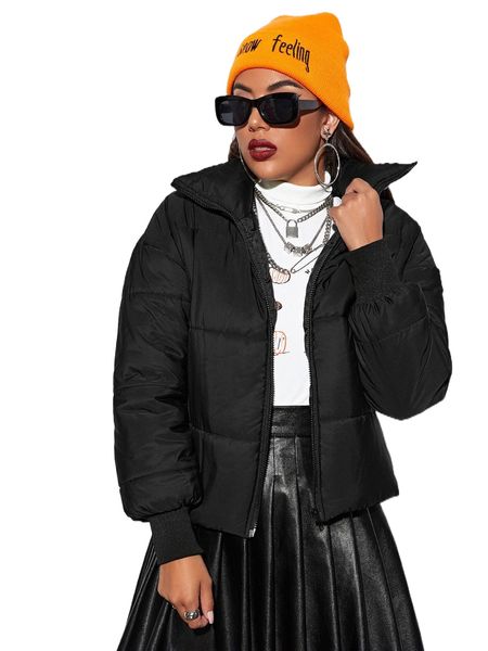 

zip up drop shoulder puffer coat y25u#, Black