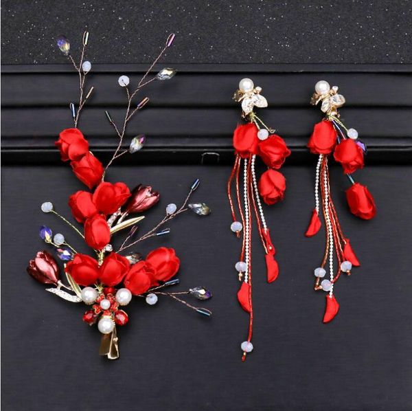 Kopfschmuck Braut Ohrringe Kopf Blumen Set Toast Kleid Zubehör Roter Kopfschmuck Kristall Perlen OhrringeKopfschmuck