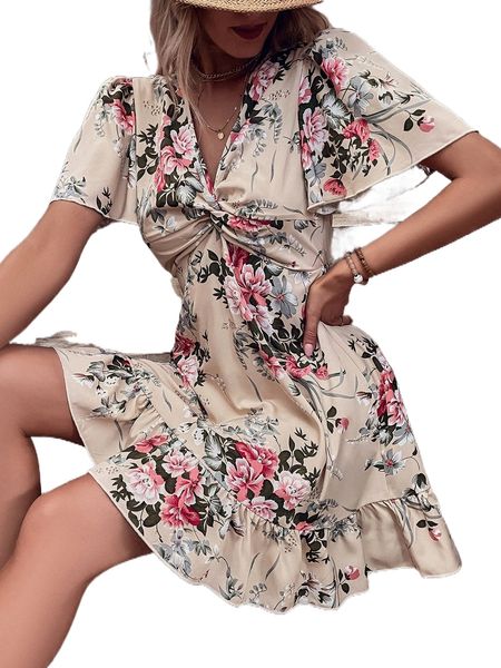 

floral print twist front butterfly sleeve ruffle hem dress u3rd#, Black;gray