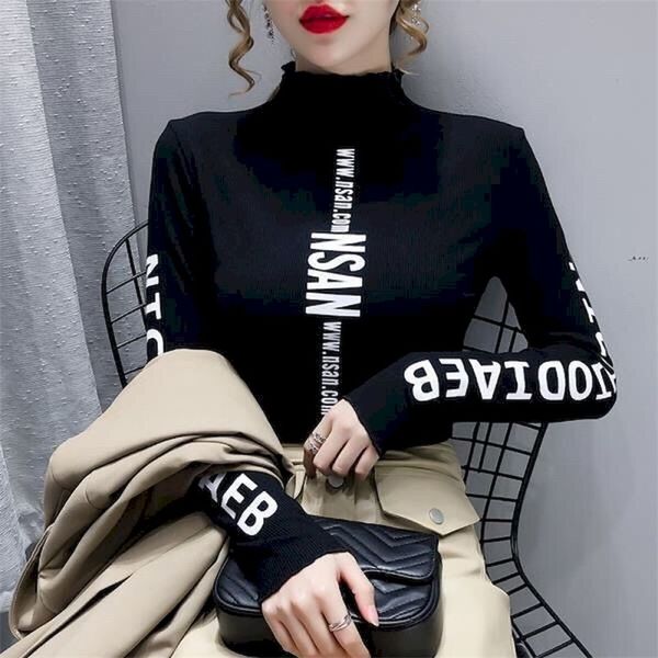 

spring winter women t-shirts loose personality stretch thin long-sleeved round neck mid-high large size bottoming 220328, White