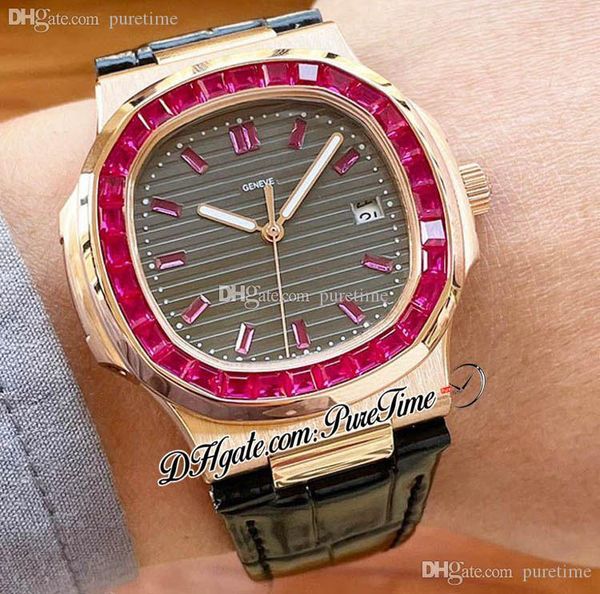 Vendita 40mm 5711 A21J Orologio automatico da uomo in oro rosa Baguette Rubino Lunetta con texture grigia Quadrante con diamanti Indicatori a bastoncino Cinturino in pelle nera Puretime E217F6