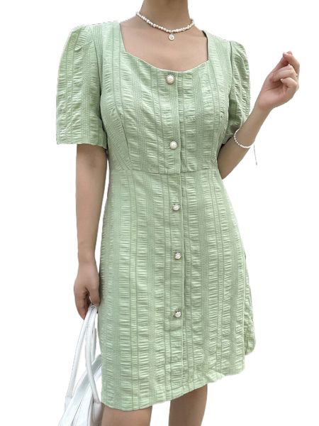 

dazy puff sleeve square neck button front dress a19n#, Black;gray