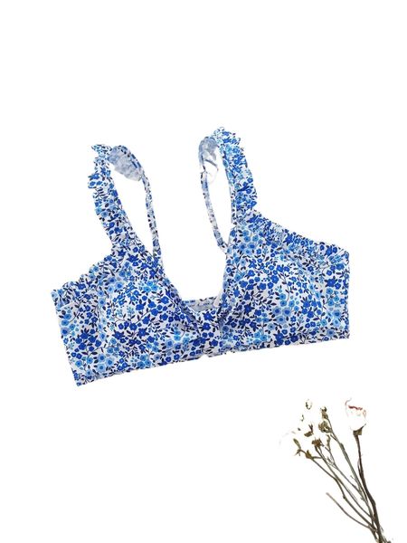 

plus ditsy floral frill trim bikini m0kc#, Black