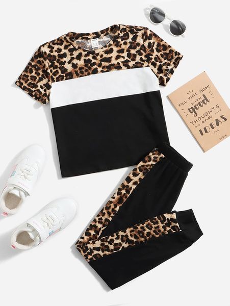 

girls leopard panel colorblock tee and joggers set she, White