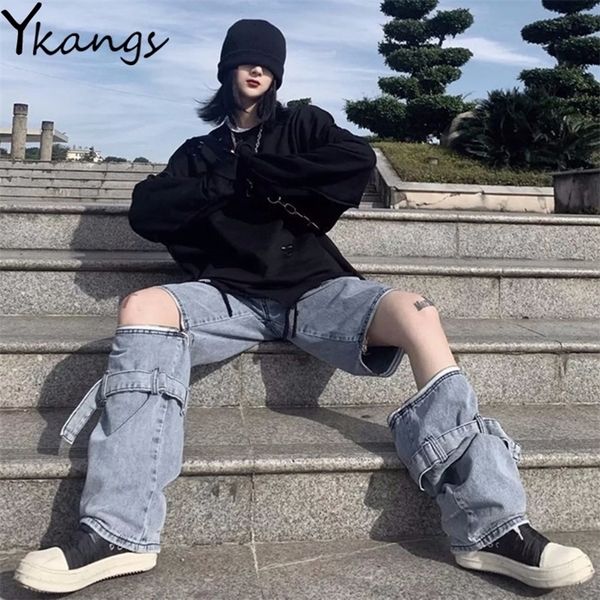 

gothic streetwear removable zip casual jeans baggy vintagehigh waist denim harajuku hip hop korean style loose wide leg jeans 210302, Blue