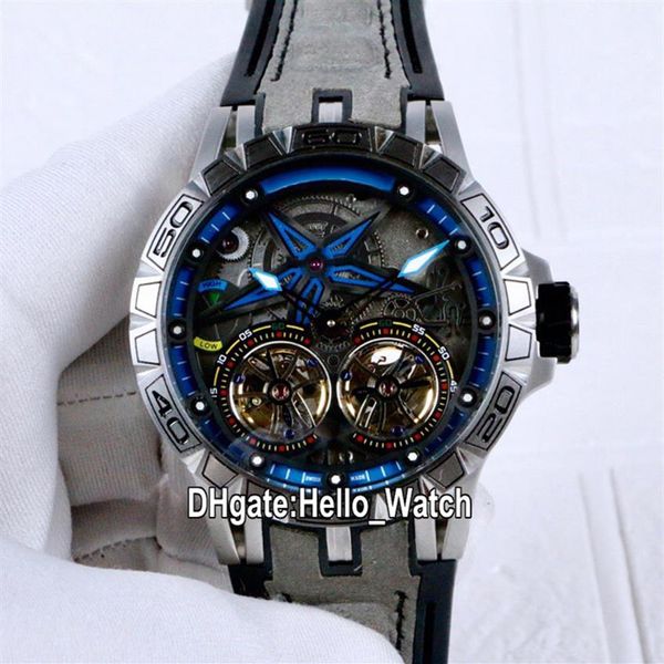 

new excalibur 46 pvd rddbex0481 double tourbillon automatic mens watch black dial blue inner steel case gray leathre watches hello246j, Slivery;brown