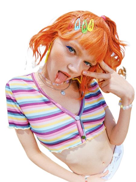 

romwe y2k revival button front striped crop tee j5ml#, White