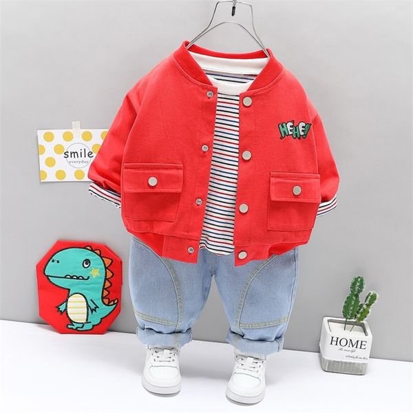 

baby boys girls clothing sets spring autumn toddler cartoon dinosaur coats stripe t shirt jeans children kids costume 220507, White