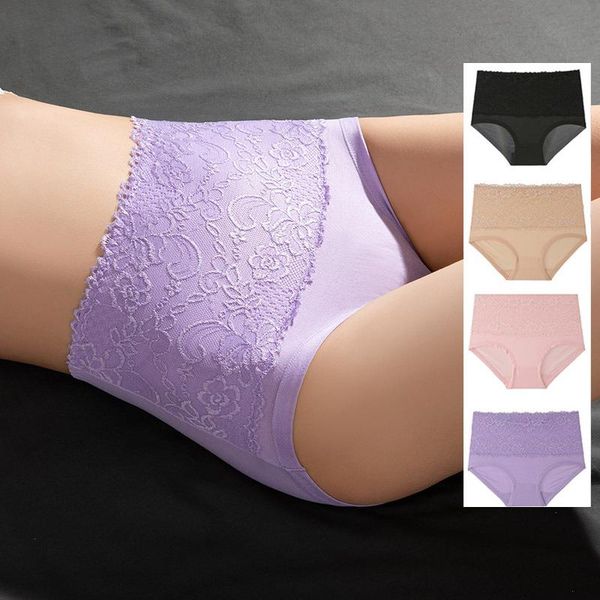 

large size women underwear panties breathable lace edge solid color briefs high waist, Black;pink