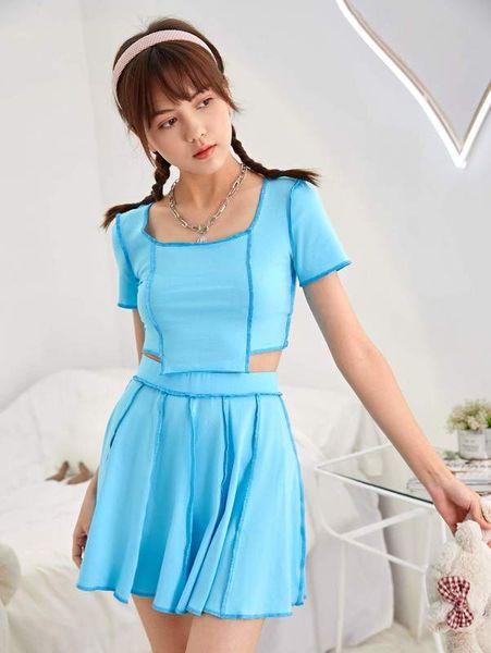 

teen girls titching asymmetrical hem crop & skirt set she, White