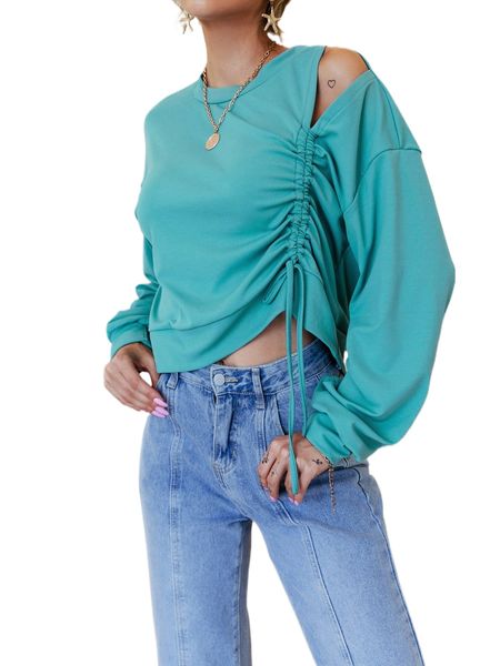 

sollinarry drawstring cut out drop shoulder sweatshirt x62q#, Black