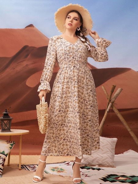 

plus floral print flounce sleeve dress b8w2#, Black