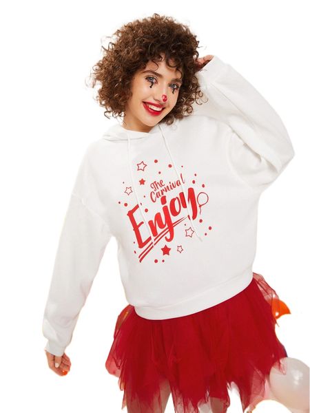 

letter & star print drop shoulder drawstring hoodie v3oh#, Black