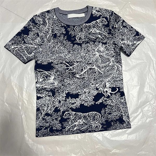 

women's knits & tees d family full of jacquard summer short sleeved knitted t-shirt, niche design, animal jungle ink style blouse, fema, White