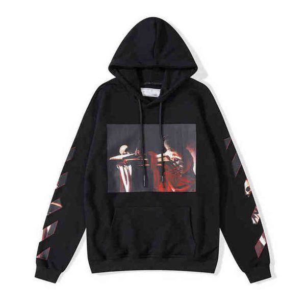 

classic mens loose offs hoodies fashion sweatshirts zipper hoodie cotton pullover long sleeved back oil paint arrow x men women hooded jack, Black