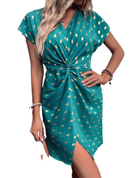 

gold dot print batwing sleeve twist front split hem dress d3o3#, Black;gray