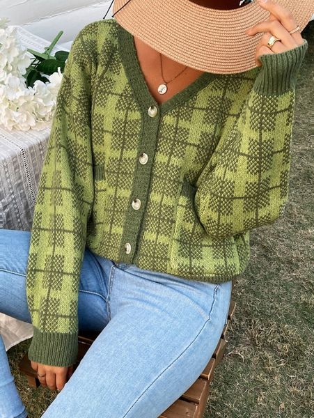 

plaid pattern drop shoulder cardigan s8xq#, White;black