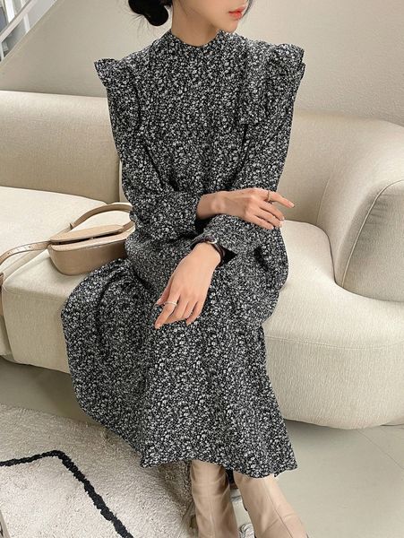 

dazy ditsy floral print ruffle trim dress 56dc#, Black;gray