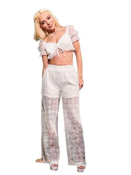 

gabi demartino x squad high waist lace wide leg pants m4s9#, Black;white