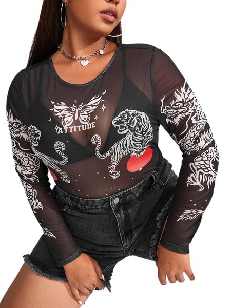 

plus tiger & dragon print sheer mesh without bra b6nt#, Black