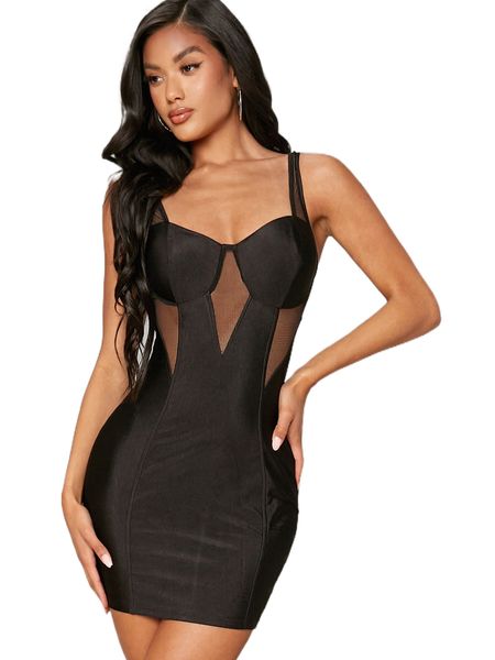 

sheer mesh insert bodycon mini dress w8z0#, Black;gray