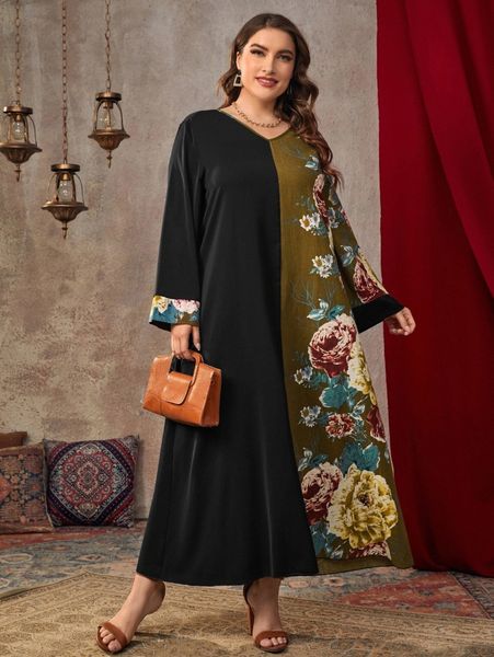 

plus floral print colorblock tunic dress w8ml#, Black