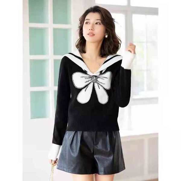 

women's hoodies sweatshirts designer bow navy neck pullover sweater women's early spring black undershirt
