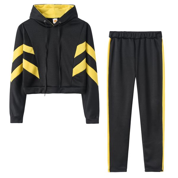 

breathable 2 piece running sets bare midriff hoodie long sleeve sweatshirt sport suit tracksuit for women splicing white yellow red black st, Black;blue