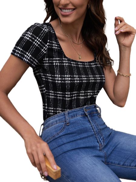 

plaid square neck tee 07qx#, White